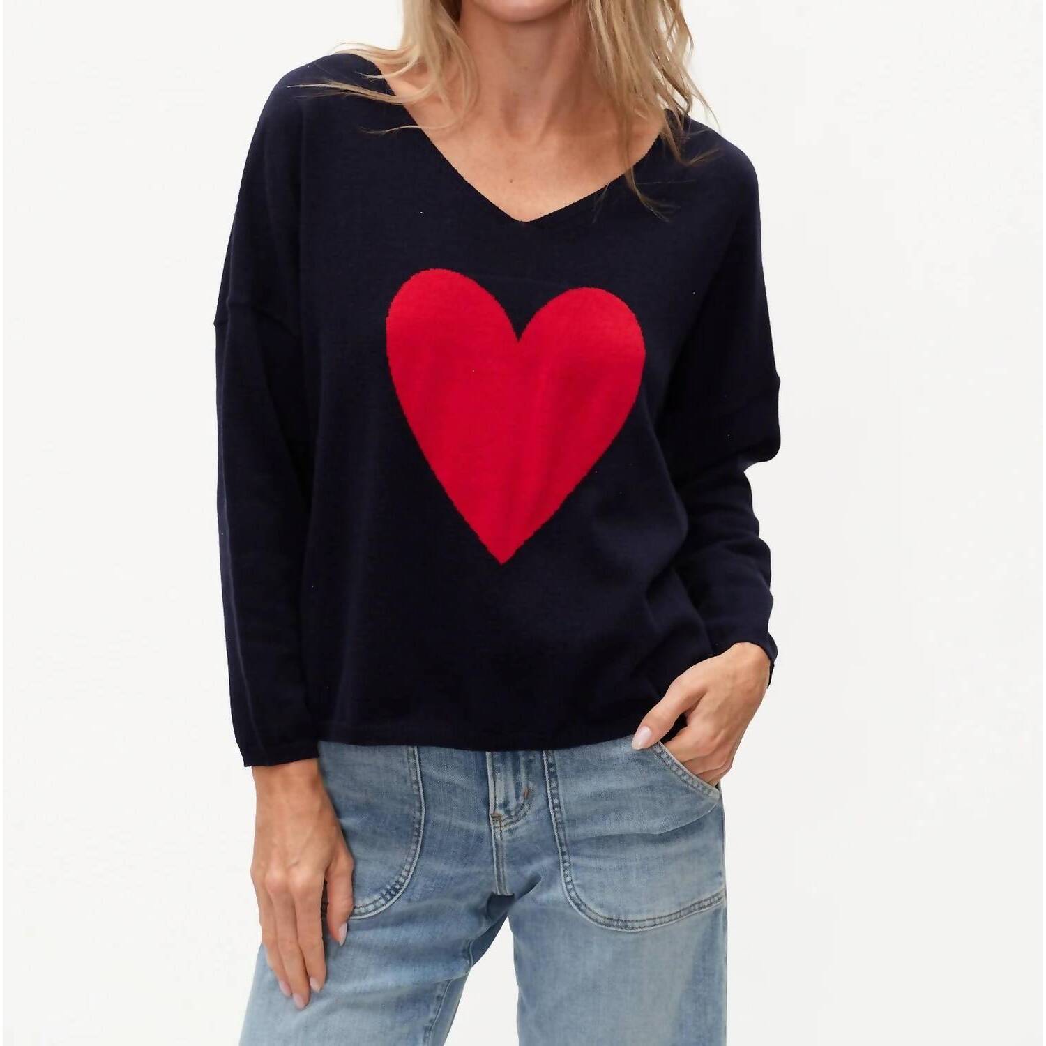New Six/Fifty Lovie Graphic Heart V-Neck Sweater In Navy/Red